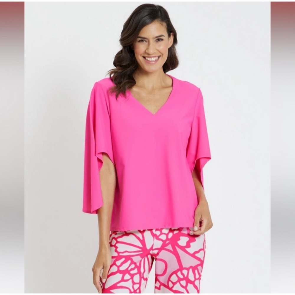 NEW Jude Connally Daniella Top Neon Pink Pullover V-Neck Bell Sleeve‎ SZ XS